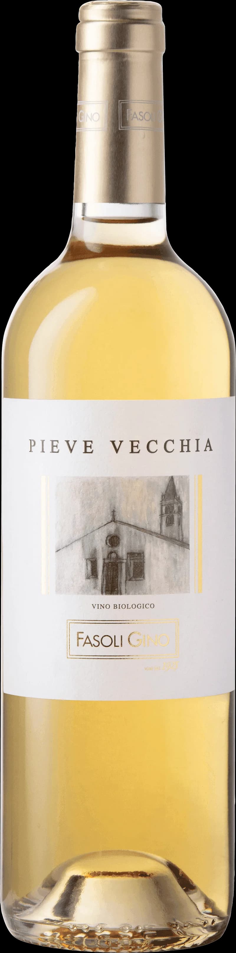 Flaska av Pieve Vecchia Vitt vin mot en ljus bakgrund.