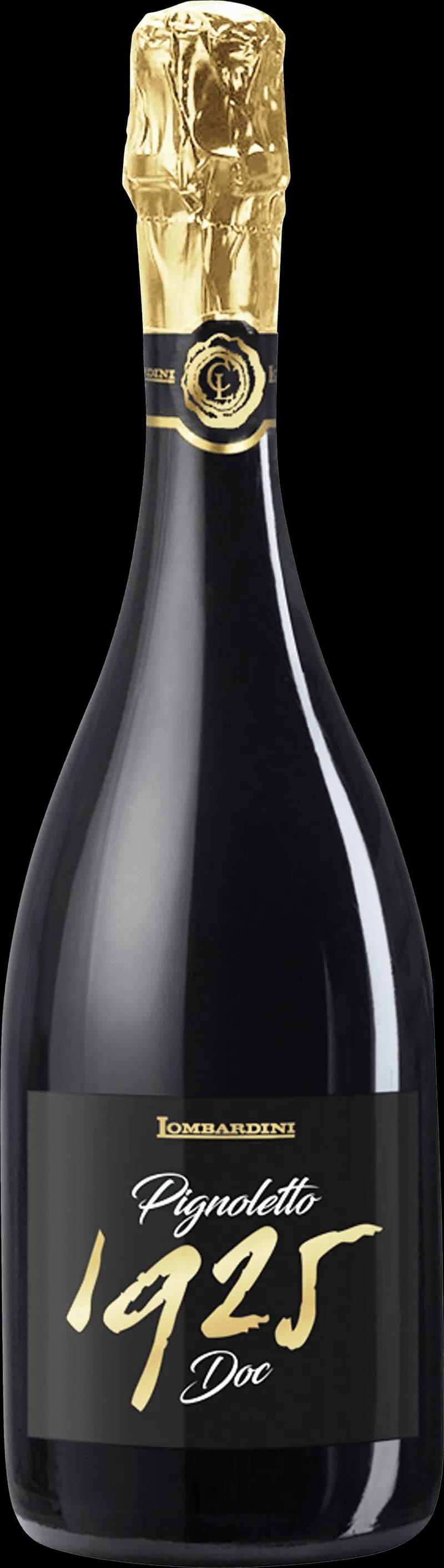 Flaska av Pignoletto 1925 mousserande vin mot ljus bakgrund.