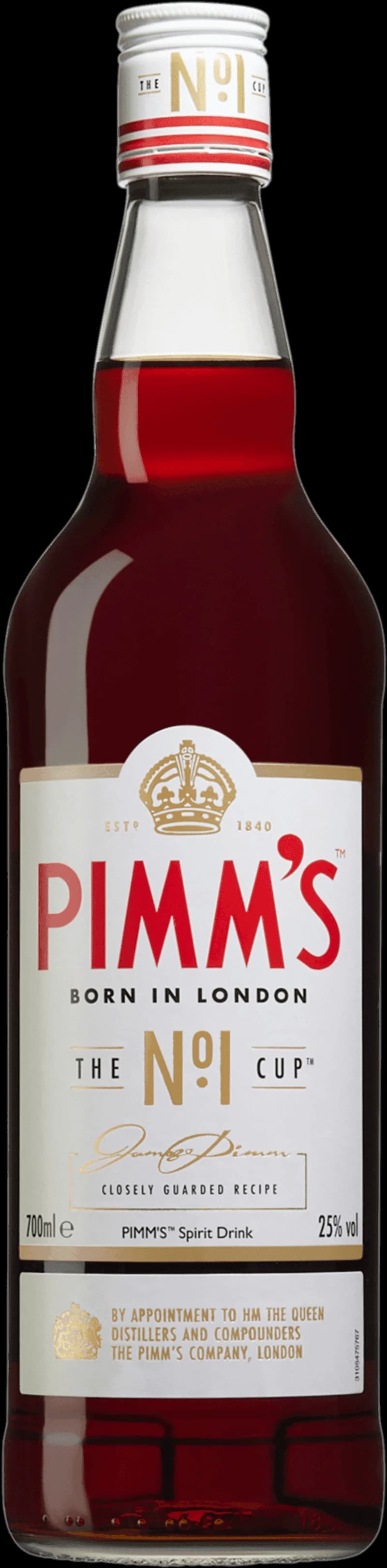 Pimm's No. 1 aperitifflaska med etikett och glas med is och mynta