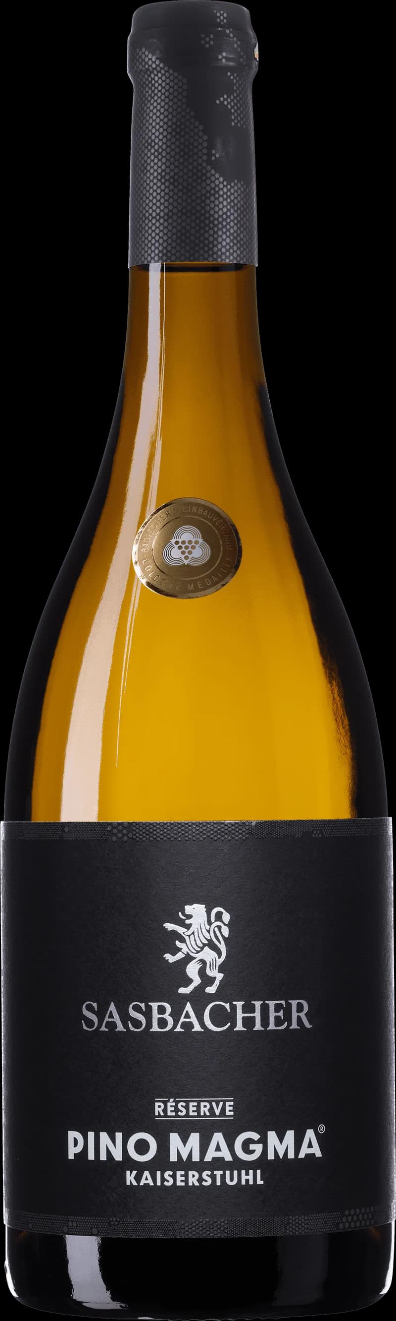 Flaska av Pino Magma vitt vin mot en mörk bakgrund.