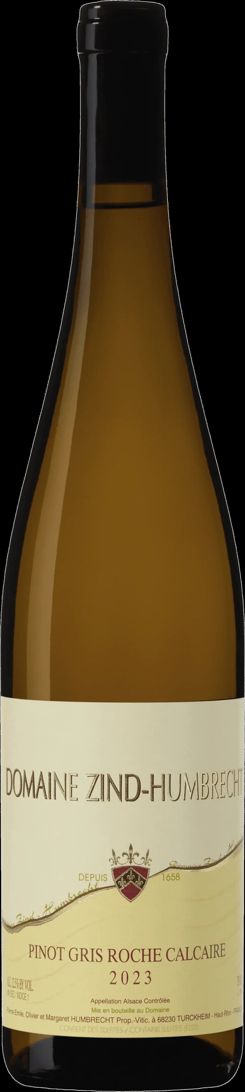 Flaska Pinot Gris Roche Calcaire vitt vin mot ljus bakgrund
