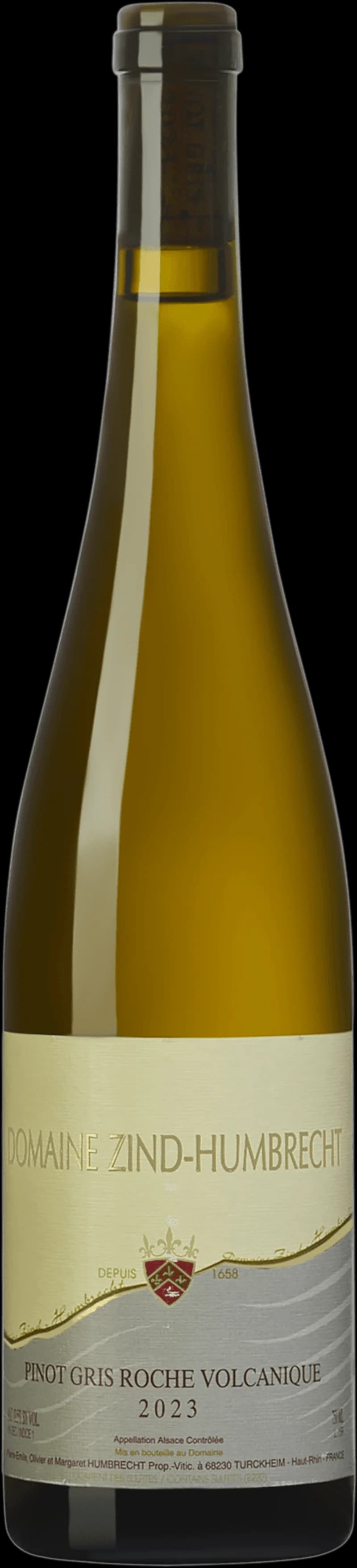 Flaska vitt vin Pinot Gris från vulkanisk berggrund, etikett med text och vinrankor.