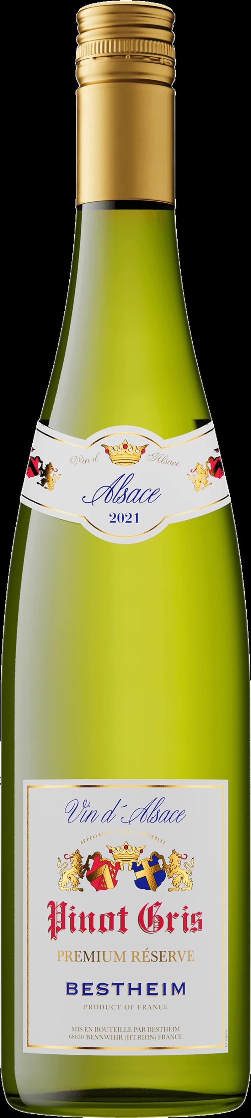 Flaska med Pinot Gris vitt vin och ett glas fyllt med gyllene vin.