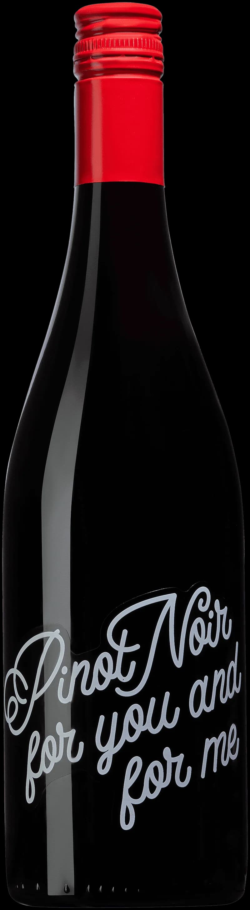 Flaska rött pinot noir-vin med etikett och glas, på bord.