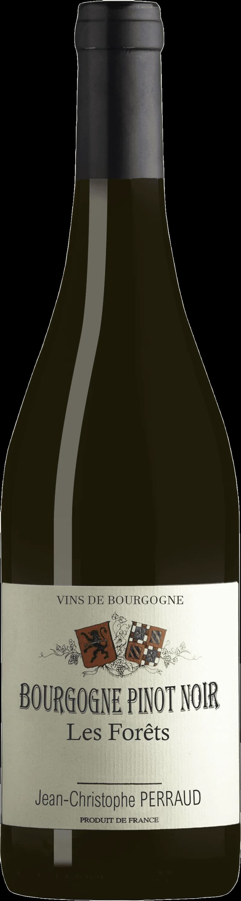 Flaska rött vin Pinot Noir Les Forêts på bordet.