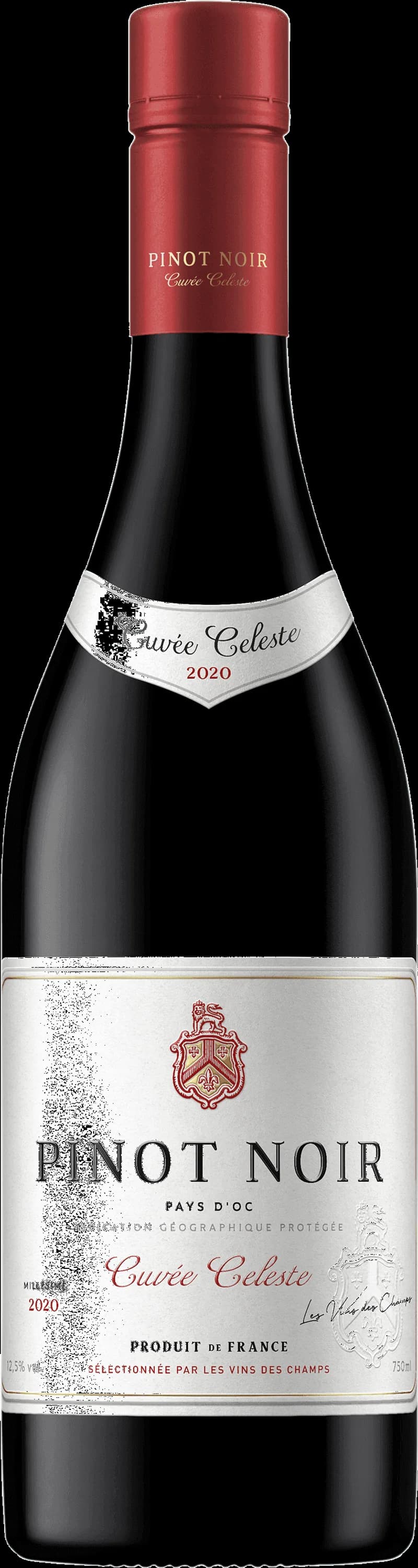 Närbild av ett glas rött Pinot Noir-vin mot en mörk bakgrund.