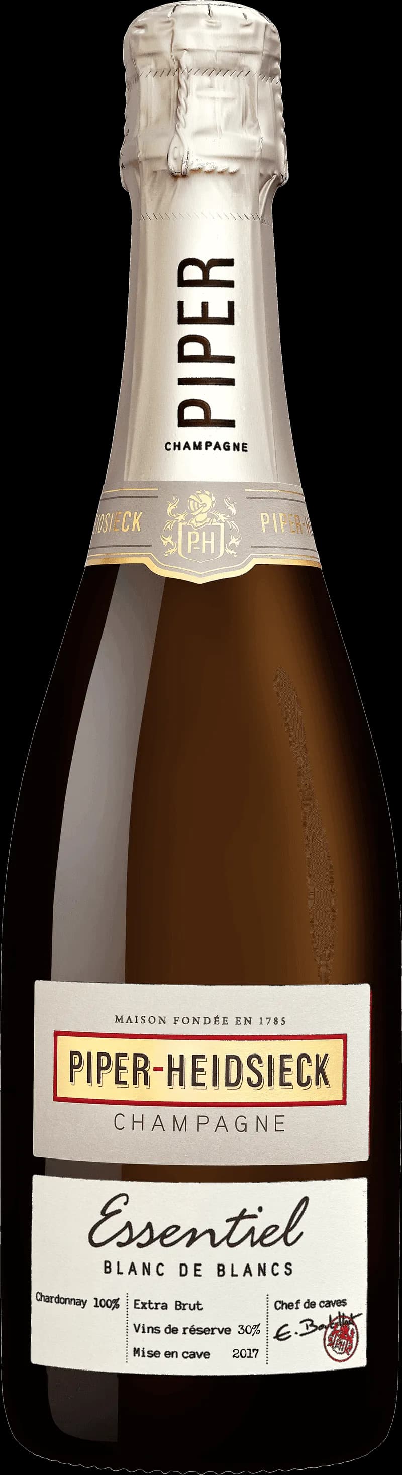 Flaska med Piper-Heidsieck mousserande vin mot en mörk bakgrund.