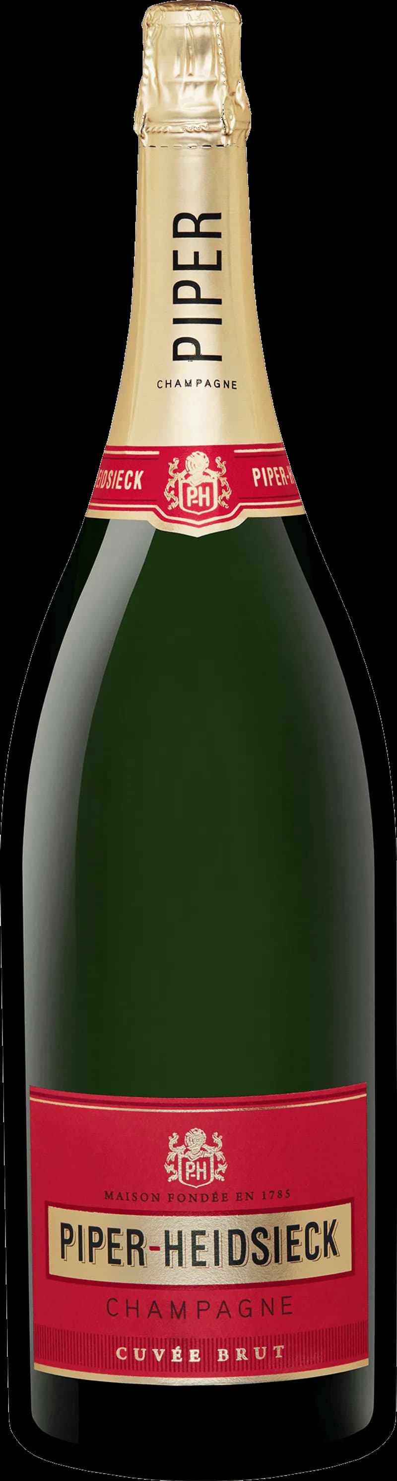 Flaska av Piper-Heidsieck mousserande vin mot en mörk bakgrund.