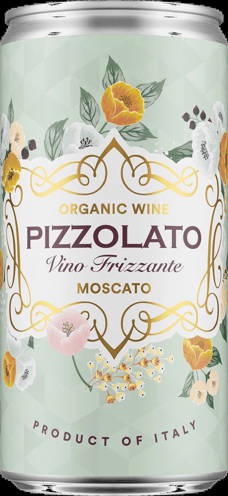 Flaska av Pizzolato mousserande vin mot ljus bakgrund.
