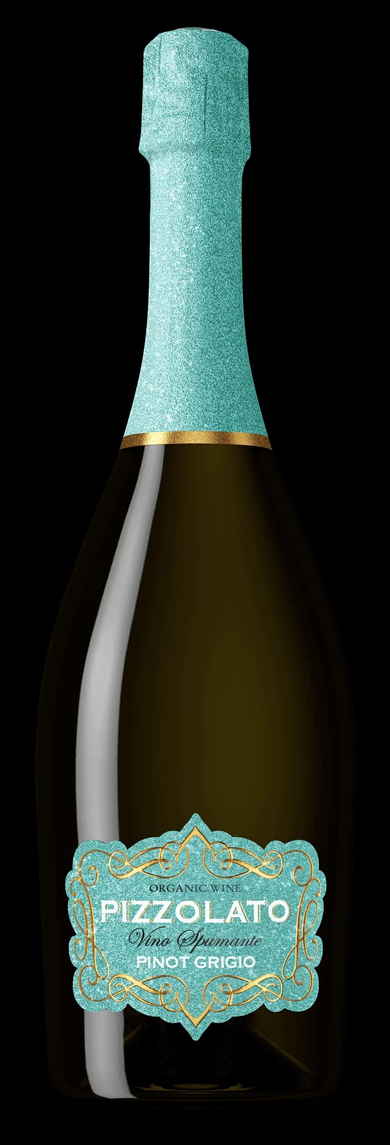 Flaska av Pizzolato mousserande vin mot en bakgrund.