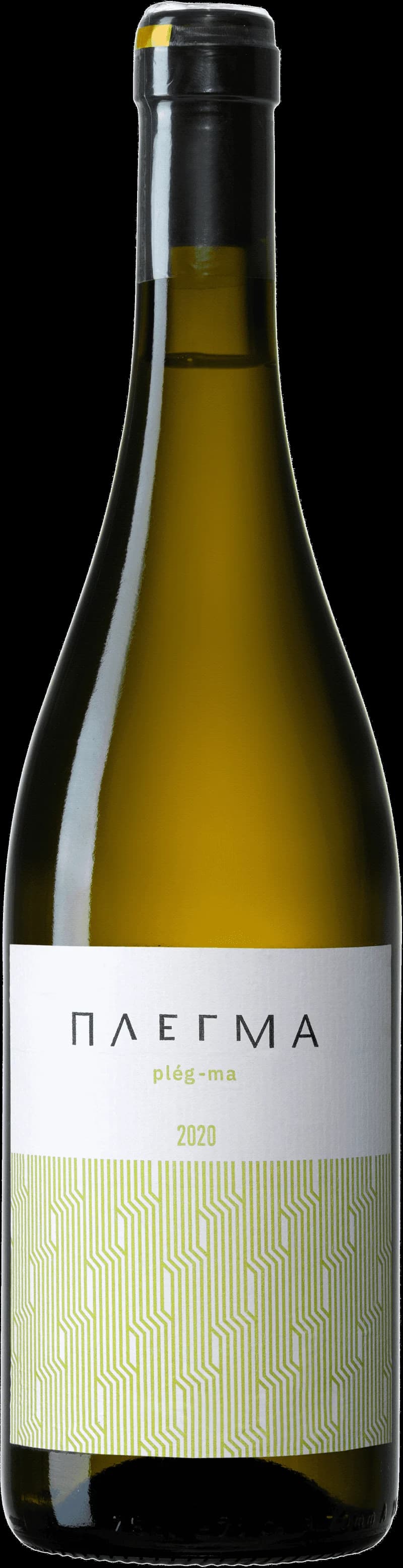 Etikett på Plegma White vitt vin mot vit bakgrund.