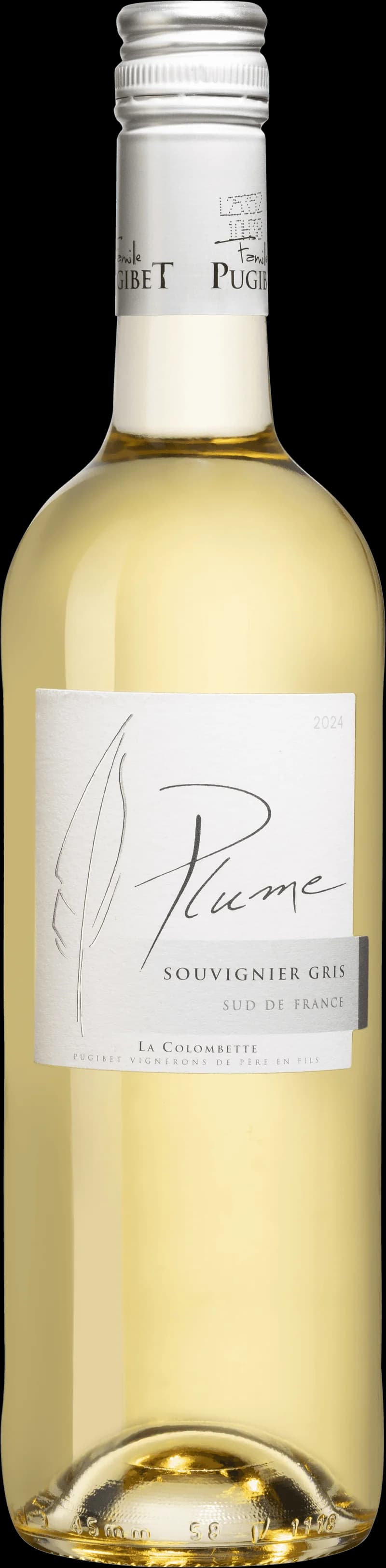 Flaska av Plume vitt vin, årgång 2016/801, mot neutral bakgrund.