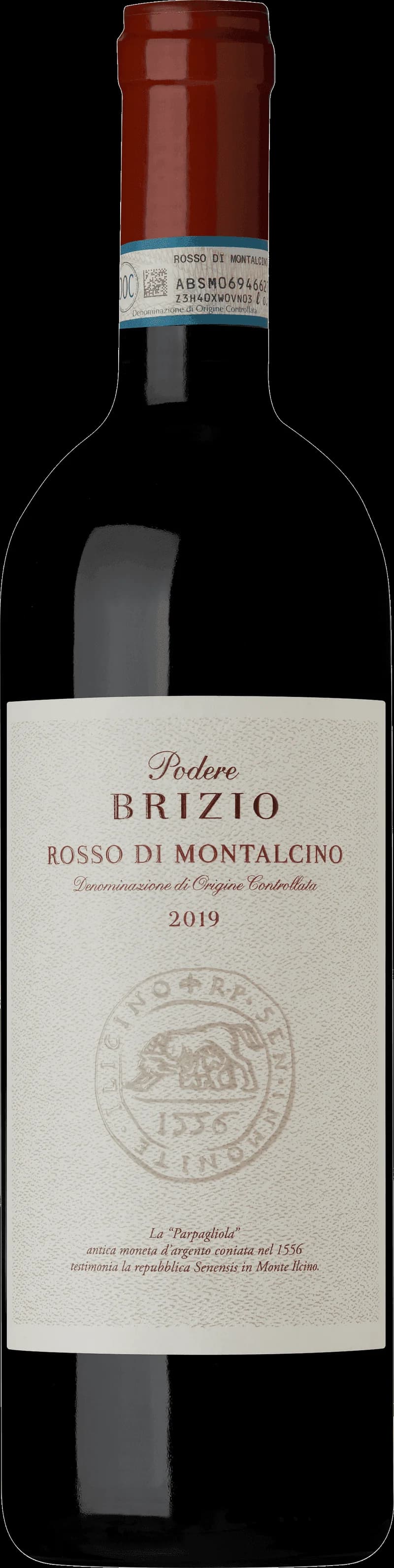 Flaska av Podere Brizio Rosso di Montalcino rött vin mot neutral bakgrund.