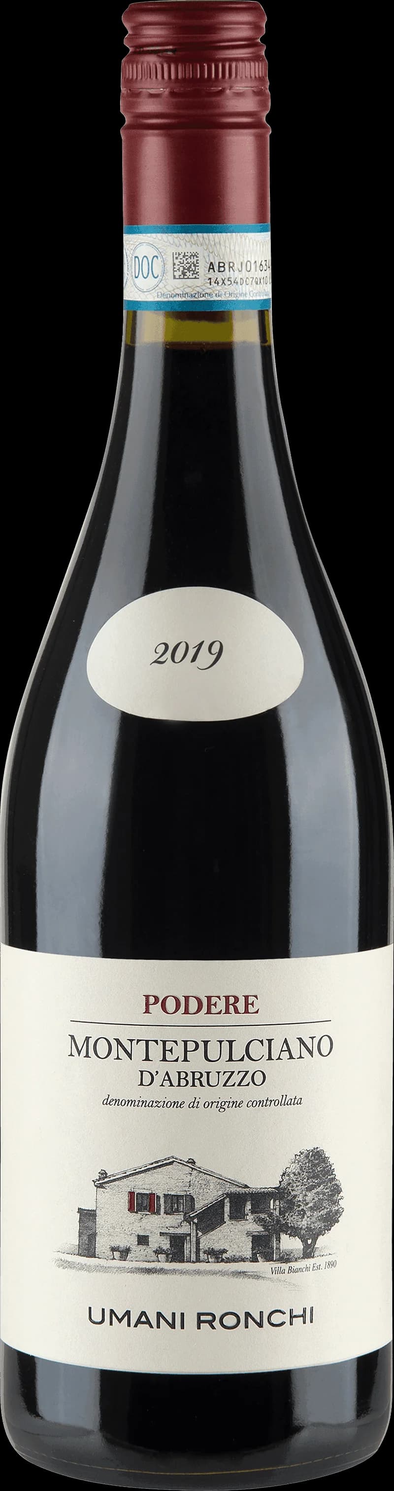Flaska med rött vin från Podere på en bordsservering.