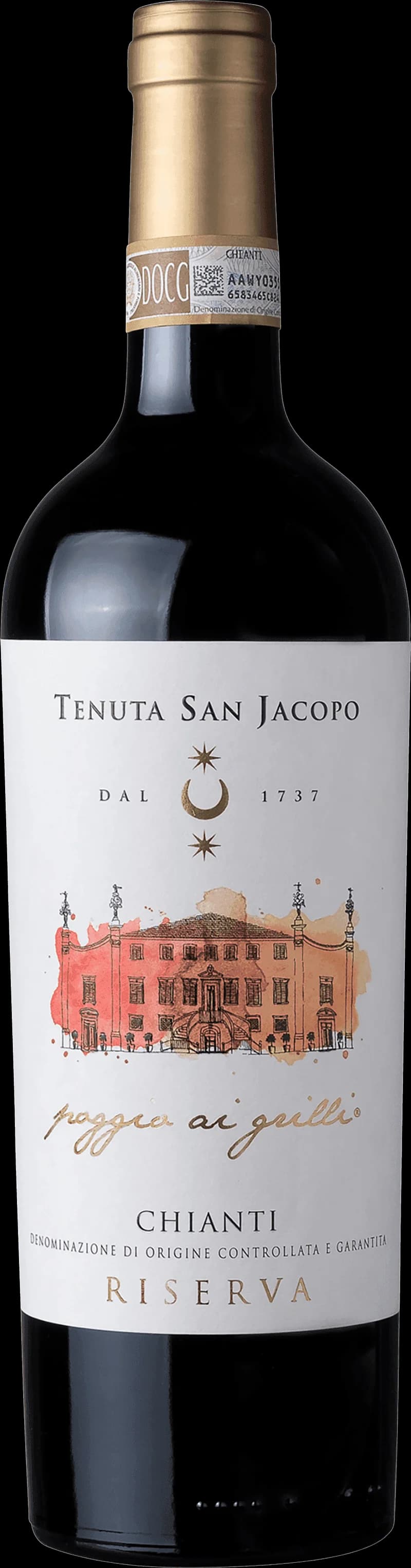 Flaska av rött vin från Poggio ai Grilli