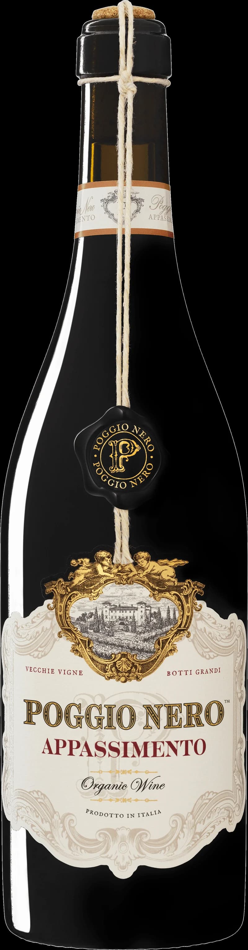 Flaska av rött vin från Poggio Nero på en bordsservering.