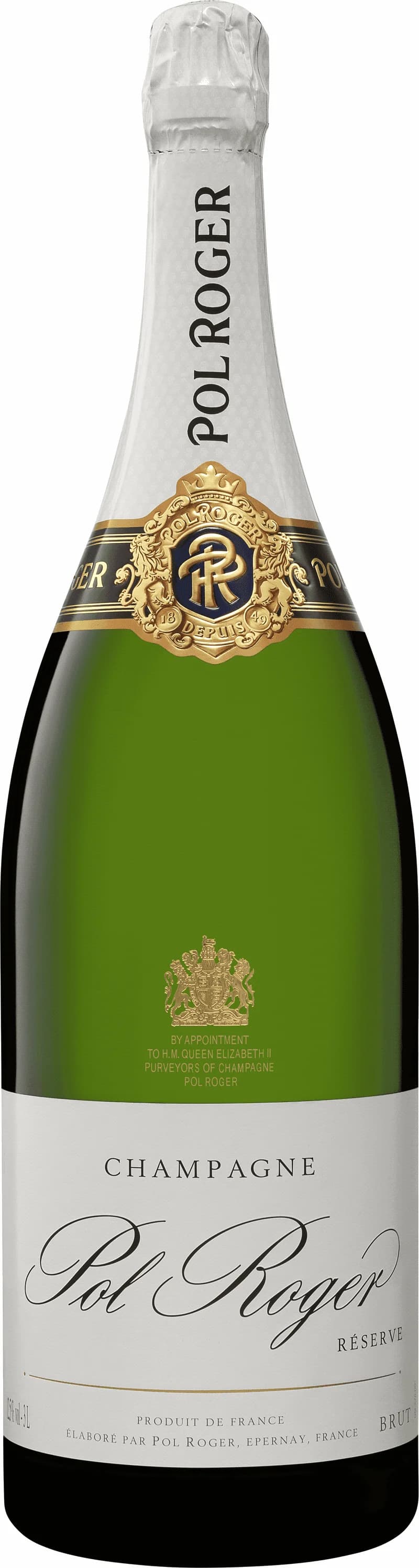 Flaska Pol Roger champagne med etikett och glas bredvid