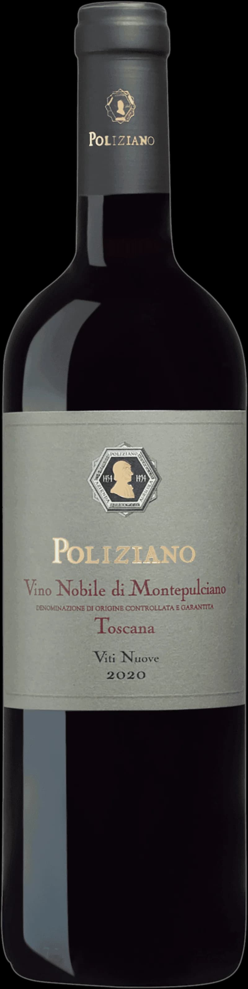 Flaska Poliziano Vino Nobile di Montepulciano rött vin mot vit bakgrund