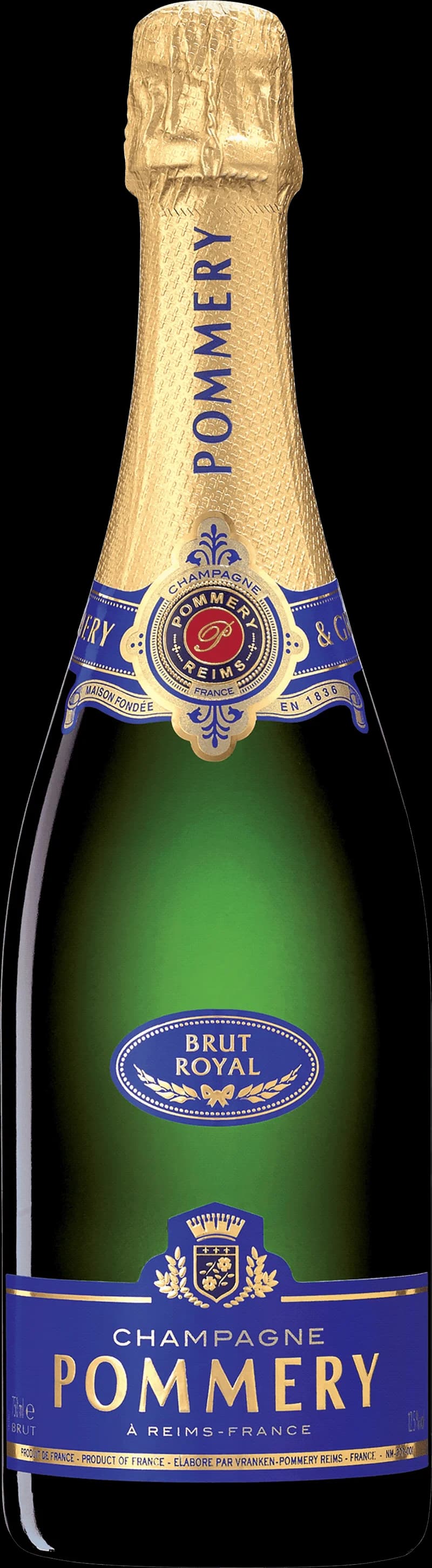 Flaska med Pommery mousserande vin mot neutral bakgrund.