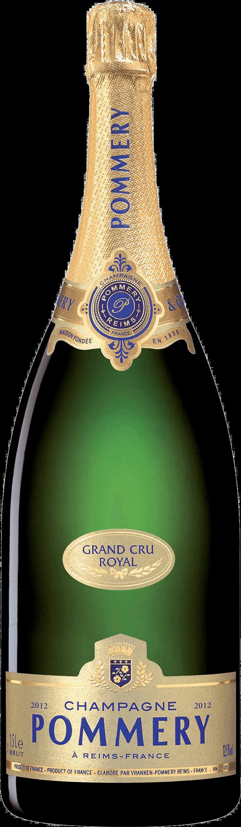 Flaska av Pommery mousserande vin mot neutral bakgrund.