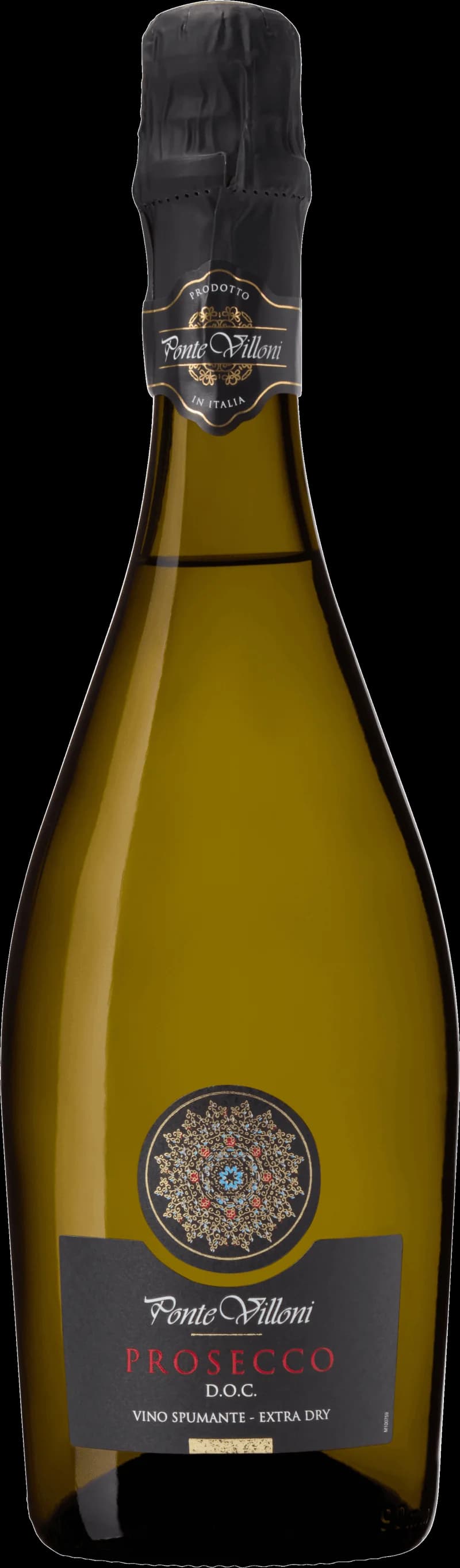 Flaska med Ponte Villoni mousserande vin mot en mörk bakgrund.