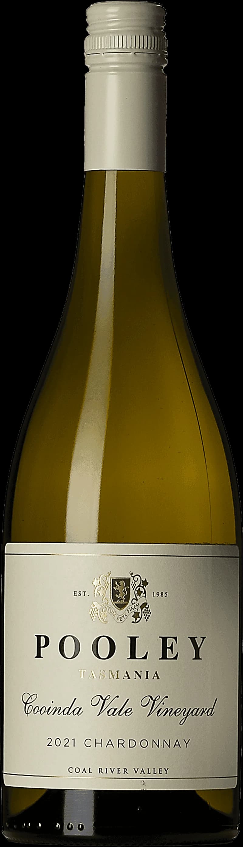 Flaska av Pooley Cooinda Vale vitt vin mot en neutral bakgrund.