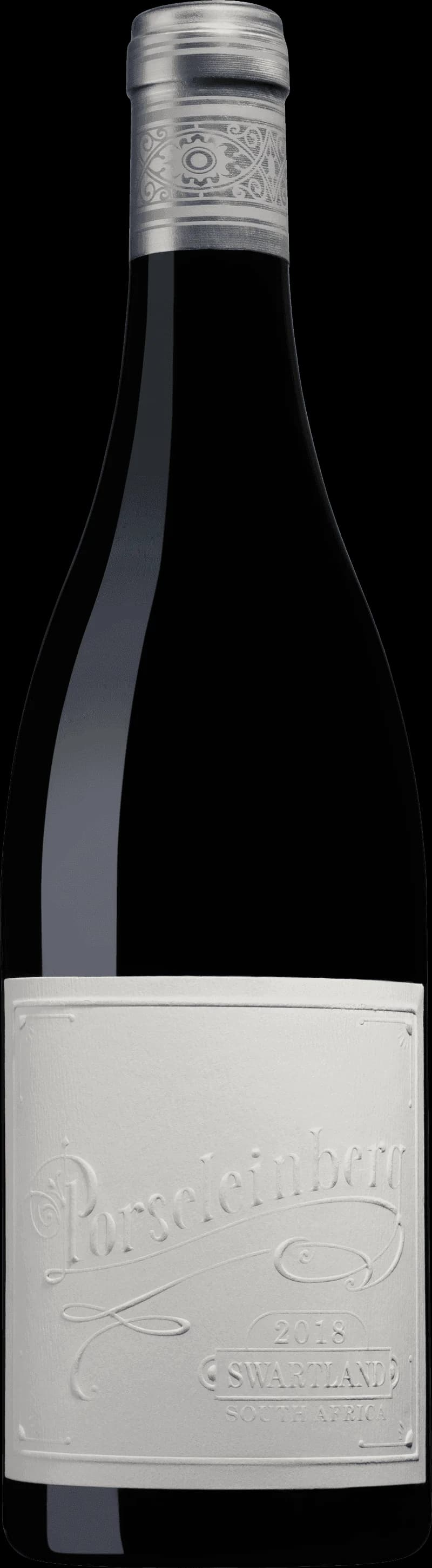 Flaska med Porseleinberg rött vin mot mörk bakgrund
