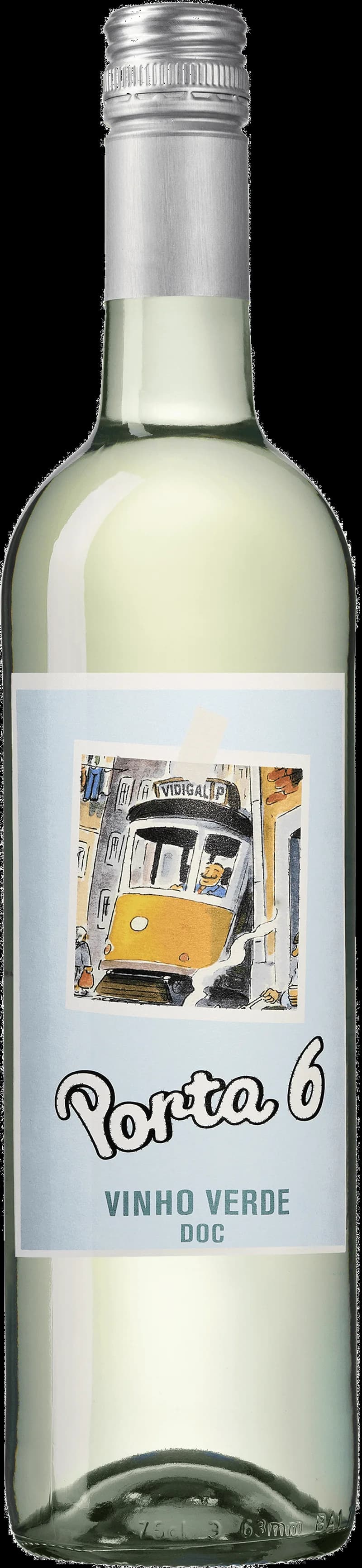 Porta 6 vitt vin, en flaska med etikett och glas intill.