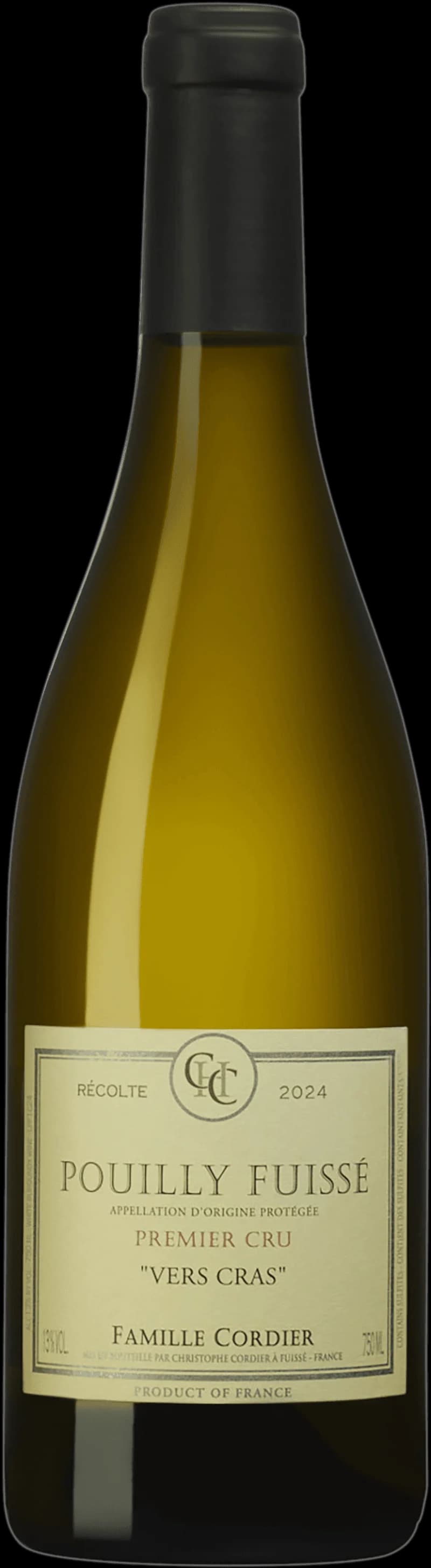 Flaska Pouilly-Fuissé Premier Cru Vers Cras vitt vin mot neutral bakgrund.