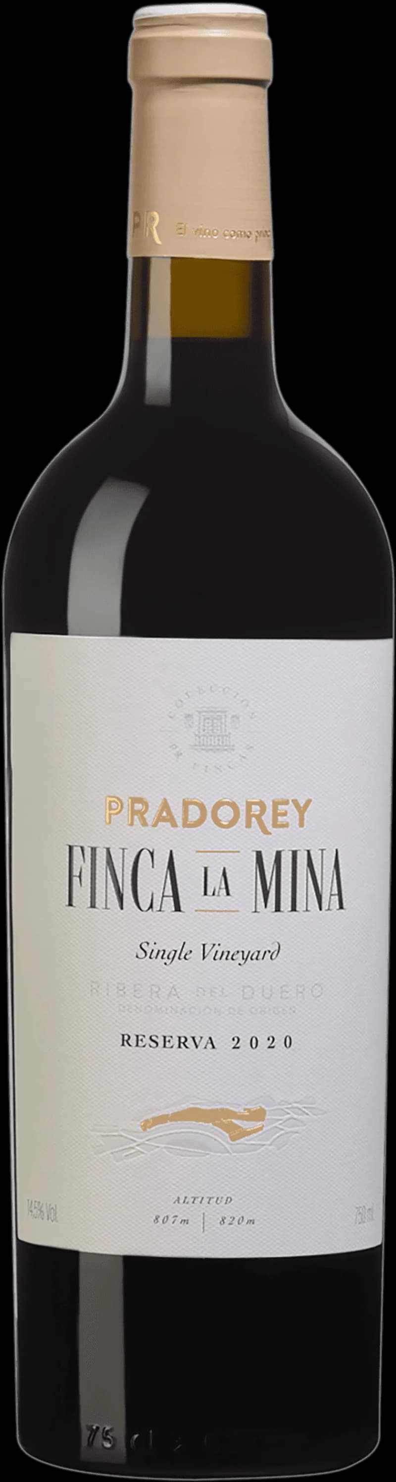 Flaska av Pradorey rött vin mot neutral bakgrund