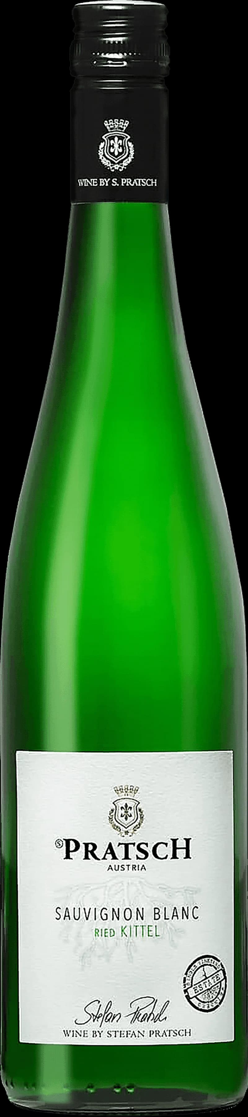 Flaska och glas med Pratsch vitt vin på en bordsduk.