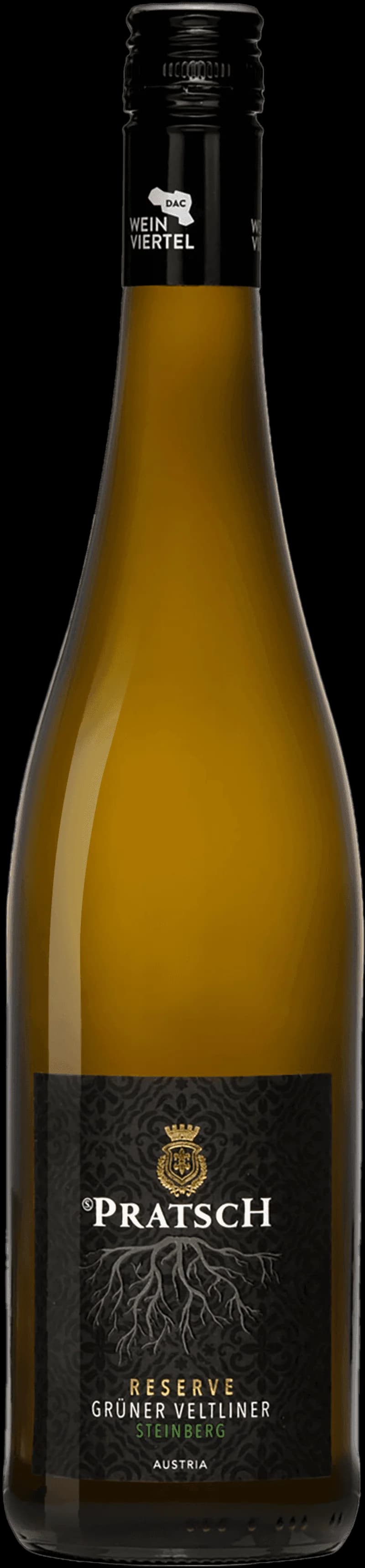 Flaska Pratsch vitt vin på ett bord med glas och druvor.