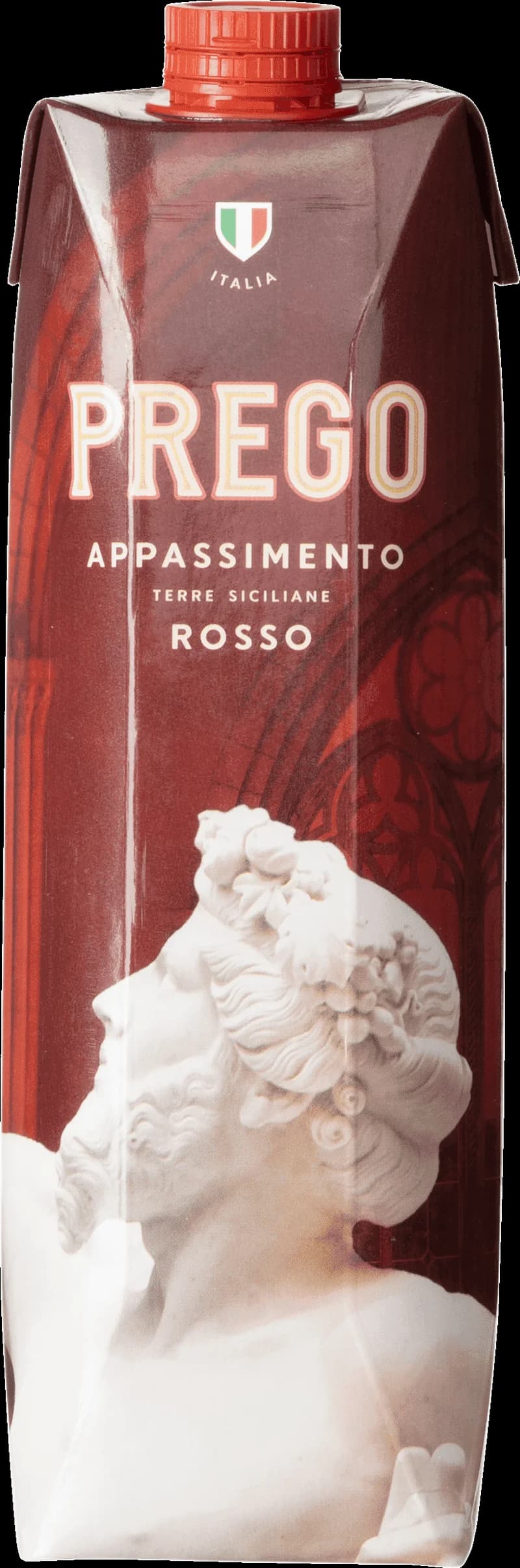 Flaska av Prego Rosso rött vin mot neutral bakgrund.