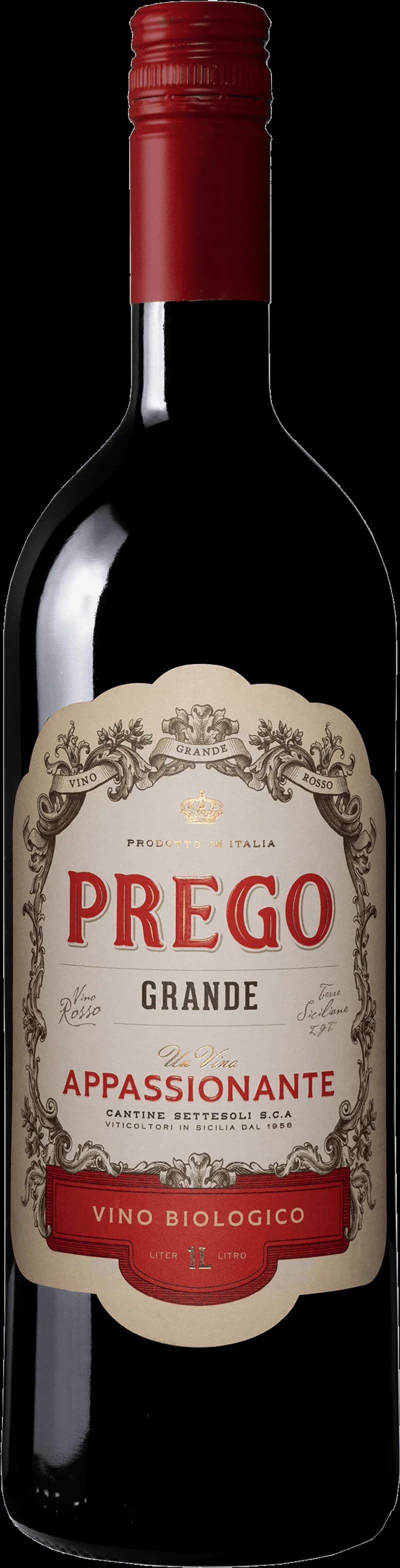Flaska med Prego rött vin mot en mörk bakgrund.