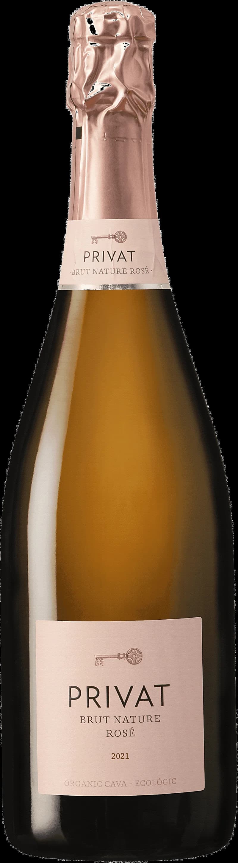 Flaska av Privat Brut Nature Rosé mousserande vin mot ljus bakgrund.