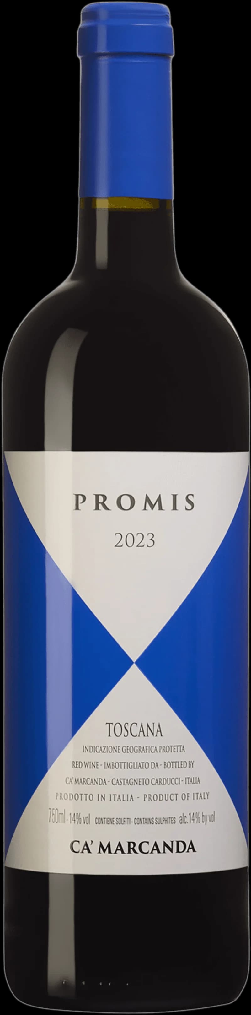 Flaska med Promis rött vin och ett glas rött vin på ett bord.