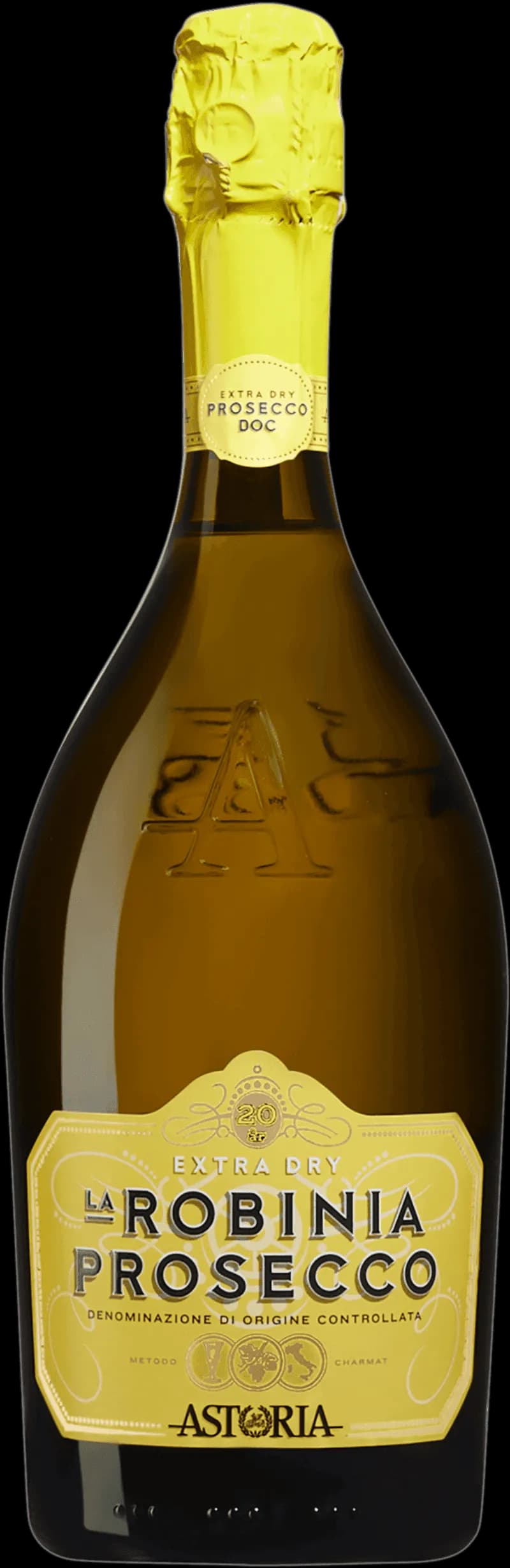 Flaska Prosecco La Rob n a mousserande vin mot vit bakgrund.