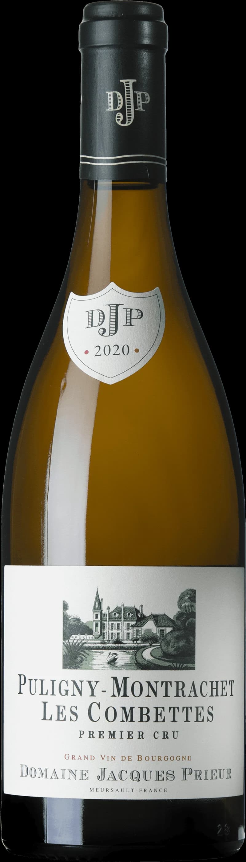 Flaska av Puligny-Montrachet 1er Cru Les Combettes vitt vin från Bourgogne.