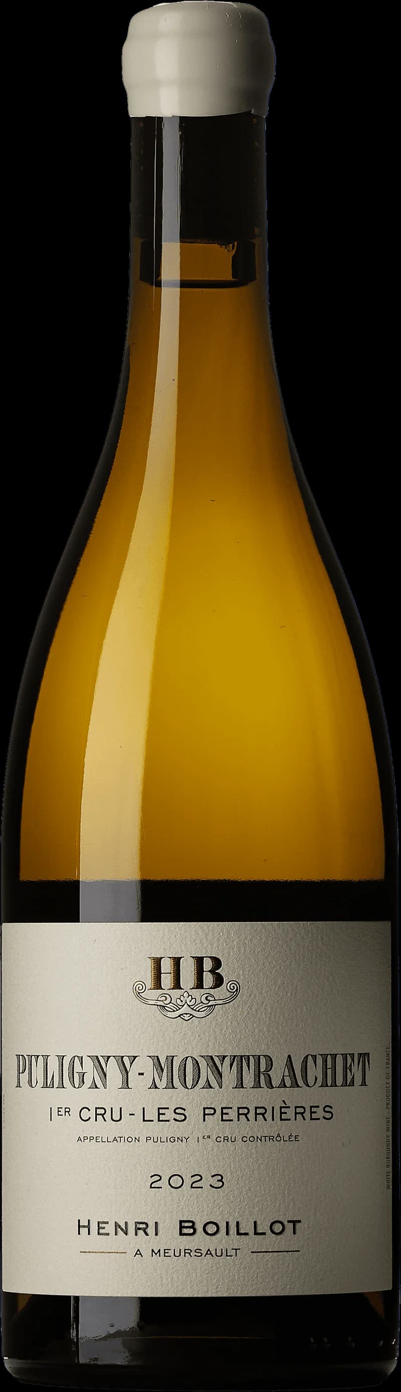 Flaska av Puligny-Montrachet 1er Cru Les Perrières vitt vin från Bourgogne.