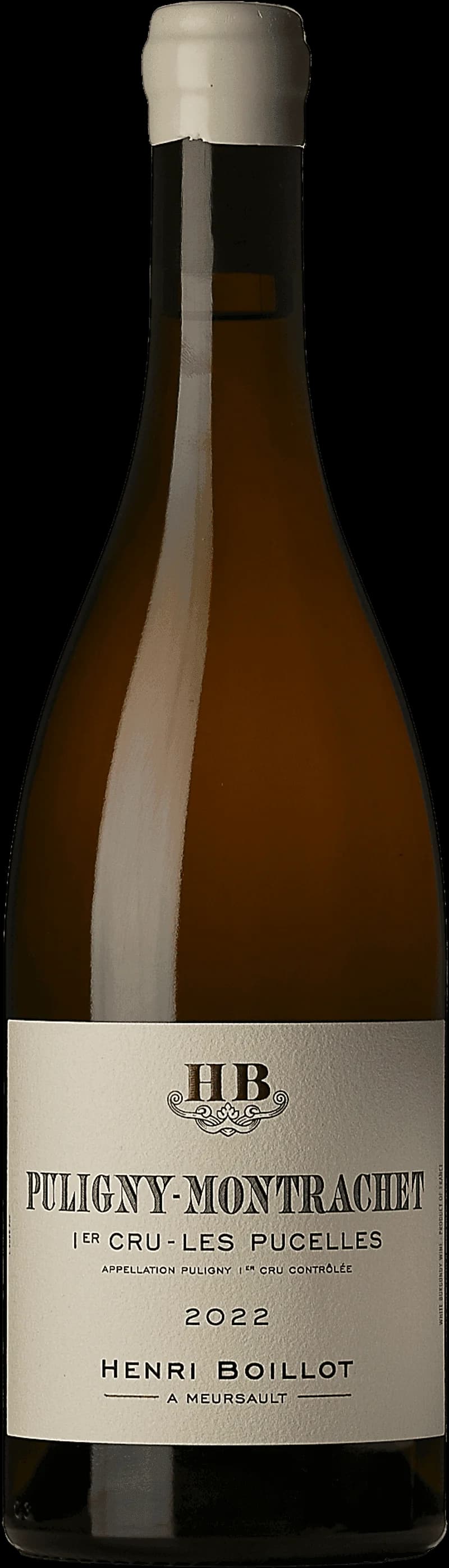 Flaska Puligny-Montrachet 1er Cru Les Pucelles vitt vin mot neutral bakgrund.