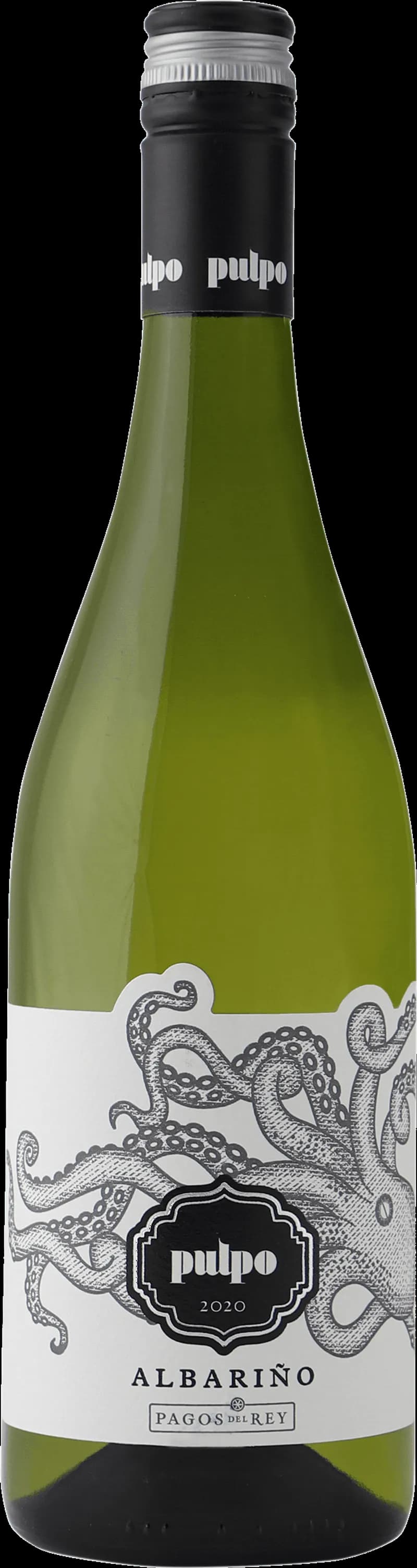 Tallrik med pulpo (bläckfisk) och ett glas vitt vin på en träbänk.