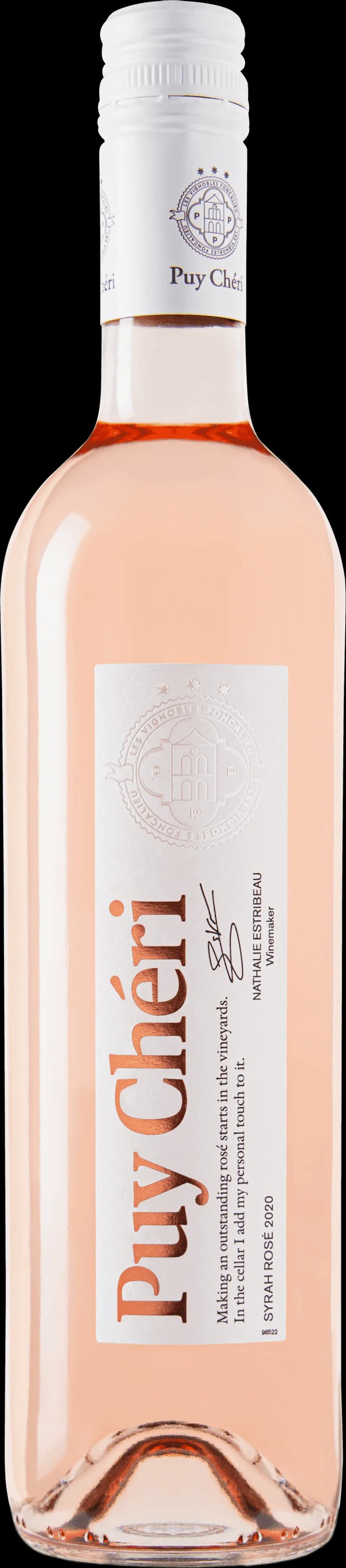 Flaska med Puy Chéri rosévin mot ljus bakgrund.