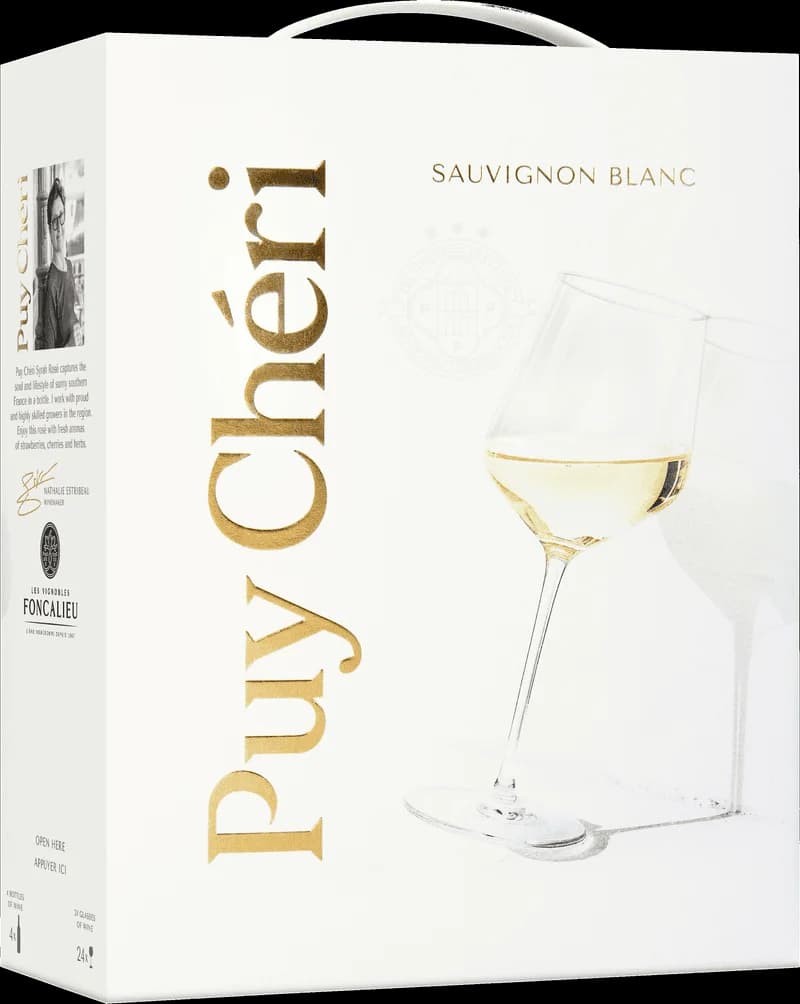 Flaska av vitt vin från Puy Chéri på en ljus bakgrund.