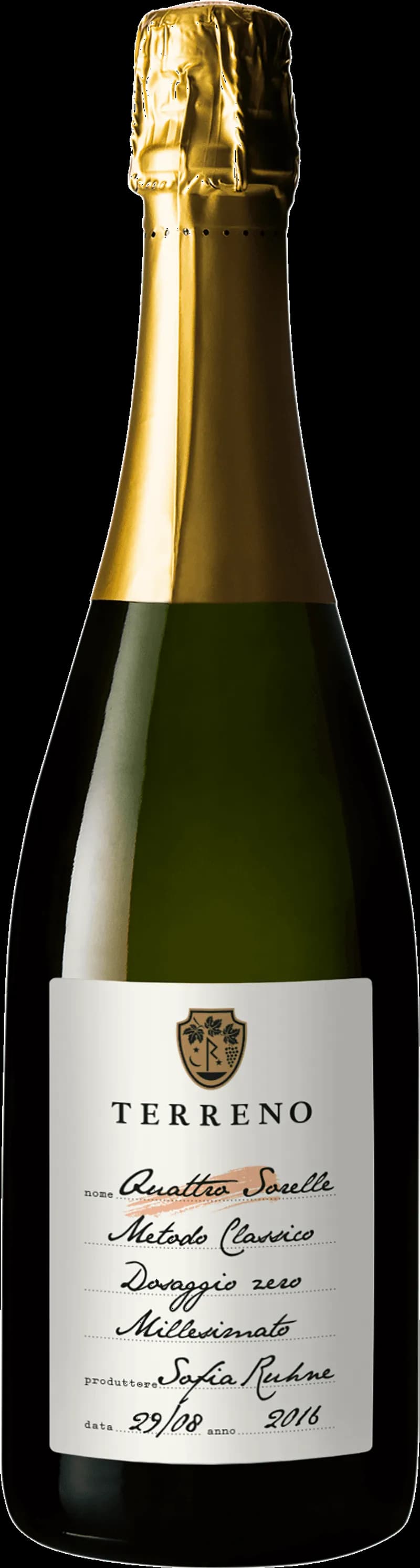 Flaska Quattro Sorelle Metodo Classico mousserande vin mot ljus bakgrund.