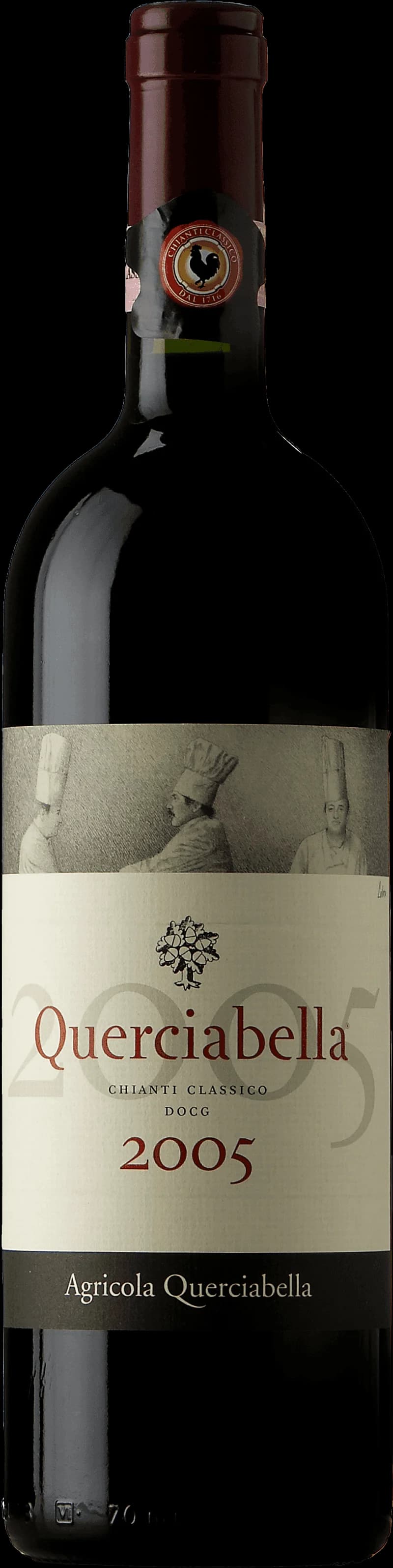 Flaska av Querciabella rött vin mot en mörk bakgrund.