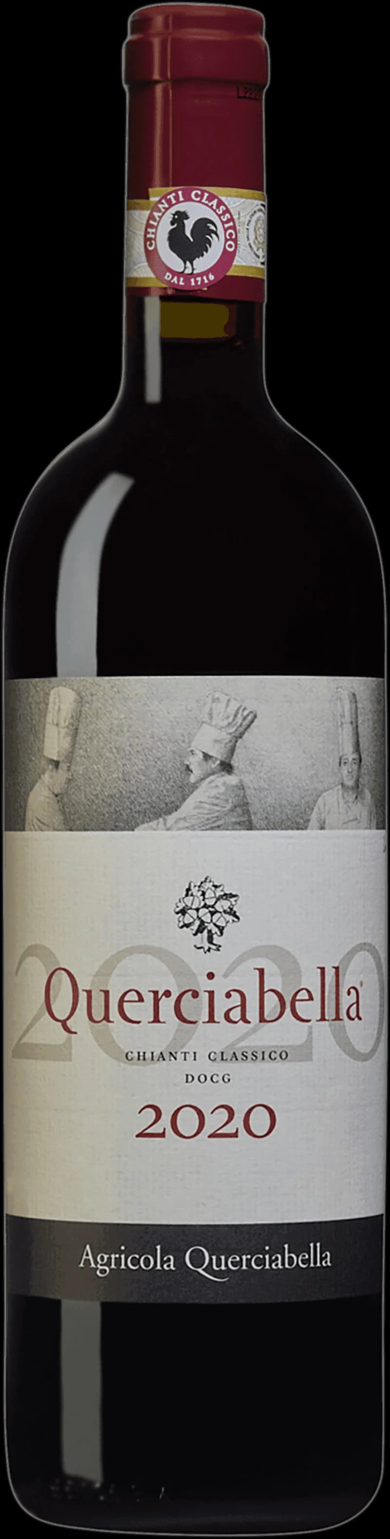 Flaska av rött vin från Querciabella, stående mot en neutral bakgrund.