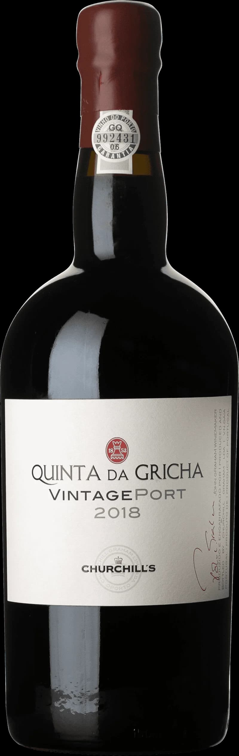 Flaska med Quinta da Gricha starkvin mot mörk bakgrund