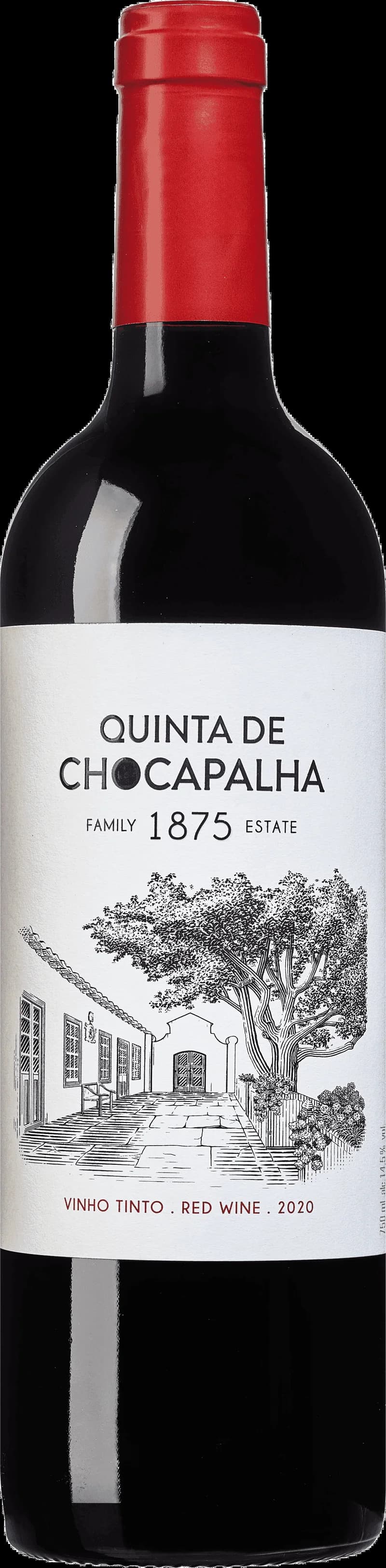 Flaska och glas med rött vin från Quinta de Chocapalha
