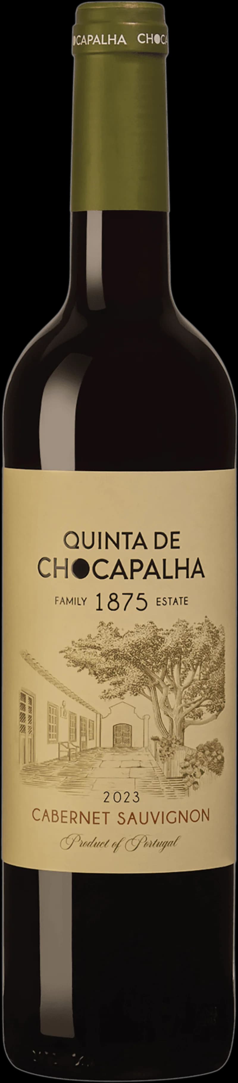 Flaska och glas med rött vin från Quinta de Chocapalha