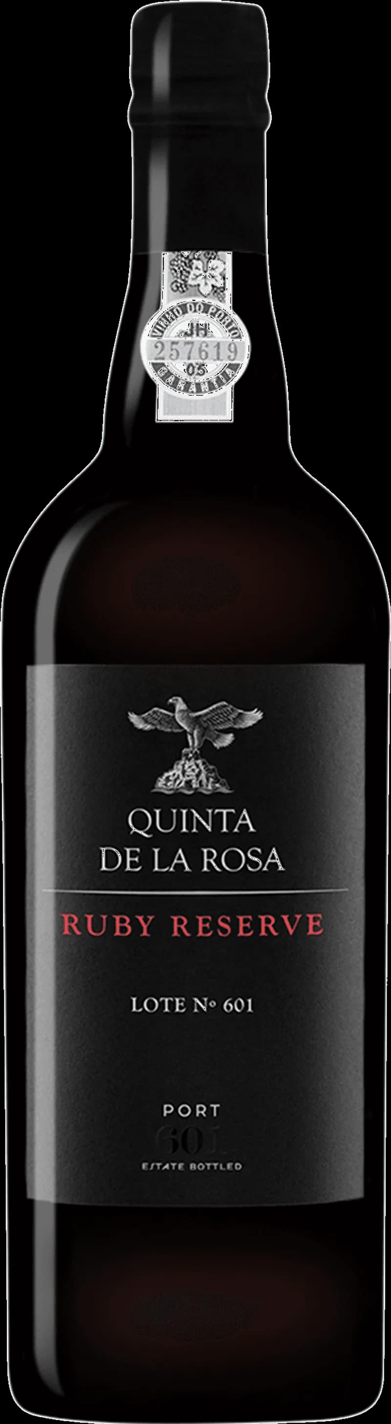 Flaska Quinta de la Rosa starkvin mot en mörk bakgrund.